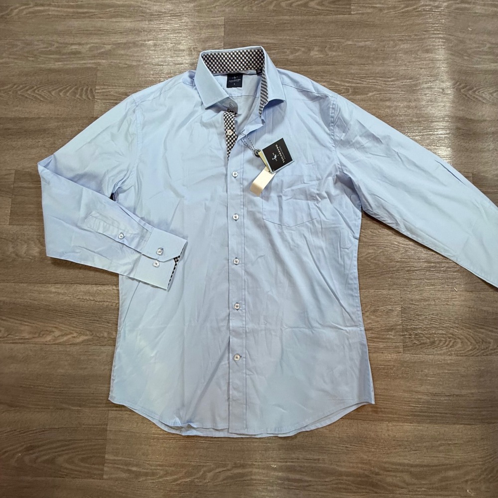 Tailorbyrd Mens Light Blue Gingham Trim Button Down Shirt M15503LS Size S